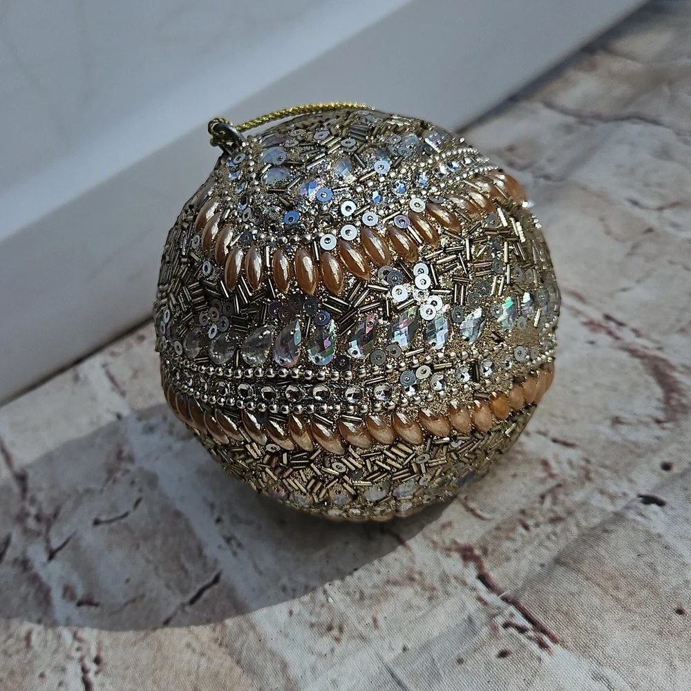 Pier 1 Christmas Ball Gold & Silver Heavily Bejeweled Beaded 3.5 Inch